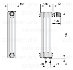 Схема (чертеж) Радиатор Zehnder Charleston 3075/3 №V002 Белый глянцевый RAL 9016